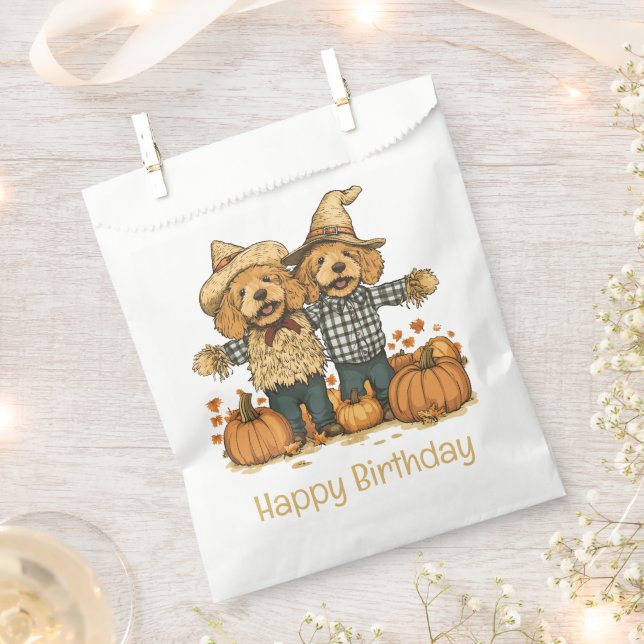 Happy Birthday Autumn Harvest Goldendoodle Dogs Favour Bags (Clipped)