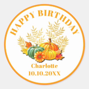 Happy birthday Autumn Maple Leaves and pumpkins Classic Round Sticker
