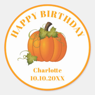 Happy birthday Autumn Maple Leaves and pumpkins Classic Round Sticker