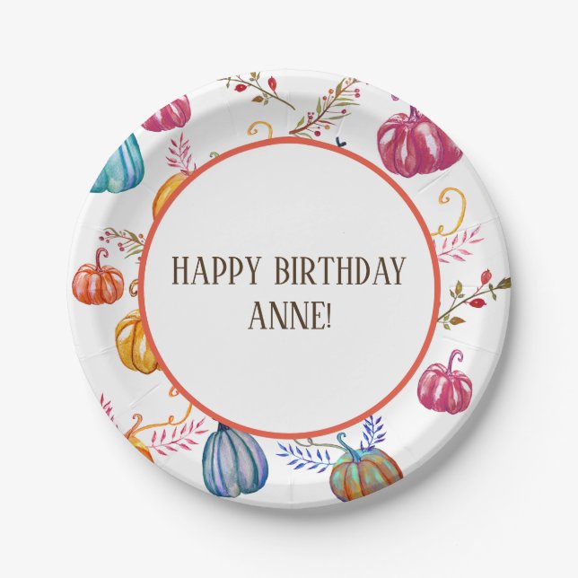 Happy Birthday Autumn Pumpkins Custom Paper Plates (Front)