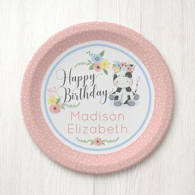 Happy Birthday Baby Cow Floral 1st Birthday Party Paper Plate (Creator Uploaded)