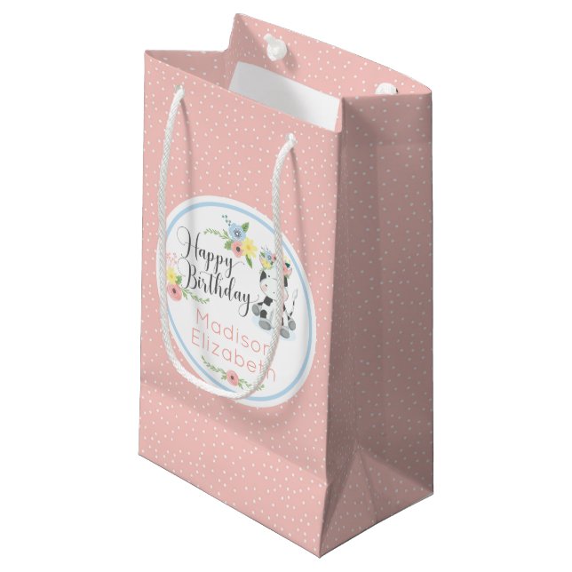 Happy Birthday Baby Cow Floral Calf Custom Small Gift Bag (Front Angled)