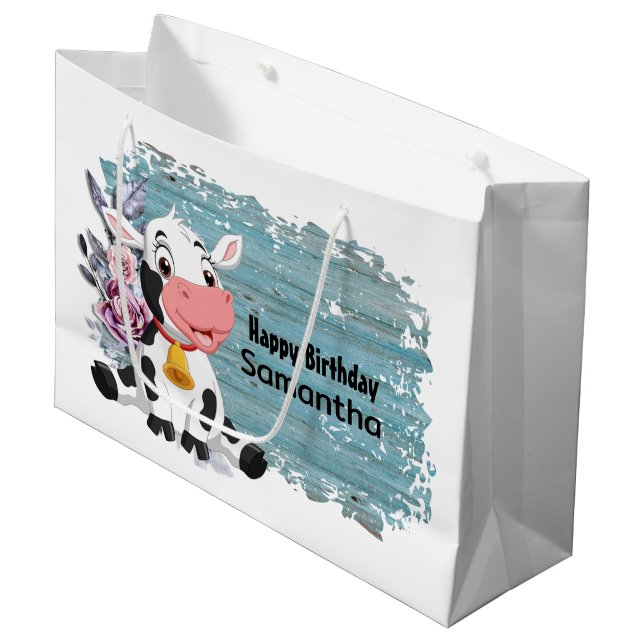 Happy Birthday Baby Cow Rustic Blue Large Gift Bag (Front Angled)