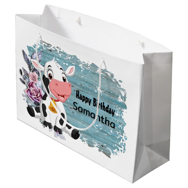 Happy Birthday Baby Cow Rustic Blue Large Gift Bag (Back Angled)