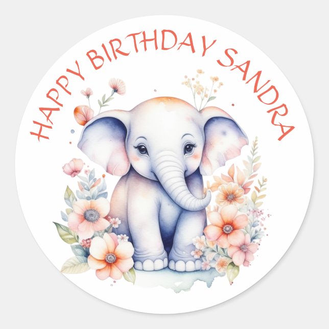 Happy Birthday Baby Elephant Personalised Classic Round Sticker (Front)