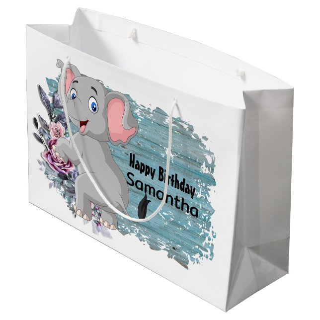 Happy Birthday Baby Elephant Rustic Blue  Large Gift Bag (Back Angled)