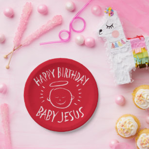 Happy Birthday Baby Jesus Christmas Chalkboard Red Paper Plate