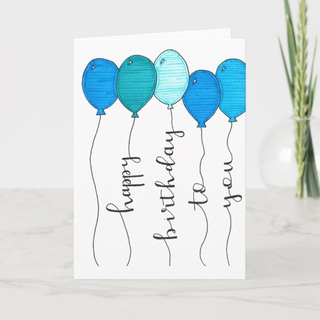 happy birthday balloon calligraphy blue hand write card (Front)