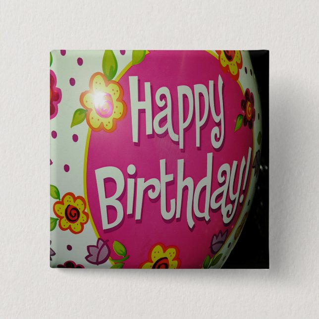 Happy Birthday Balloon w/ Flowers, Balloon Design 15 Cm Square Badge (Front)