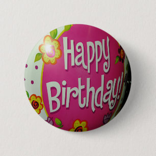 Happy Birthday Balloon w/ Flowers, Balloon Design 6 Cm Round Badge