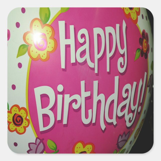 Happy Birthday Balloon w/ Flowers, Balloon Design Square Sticker (Front)