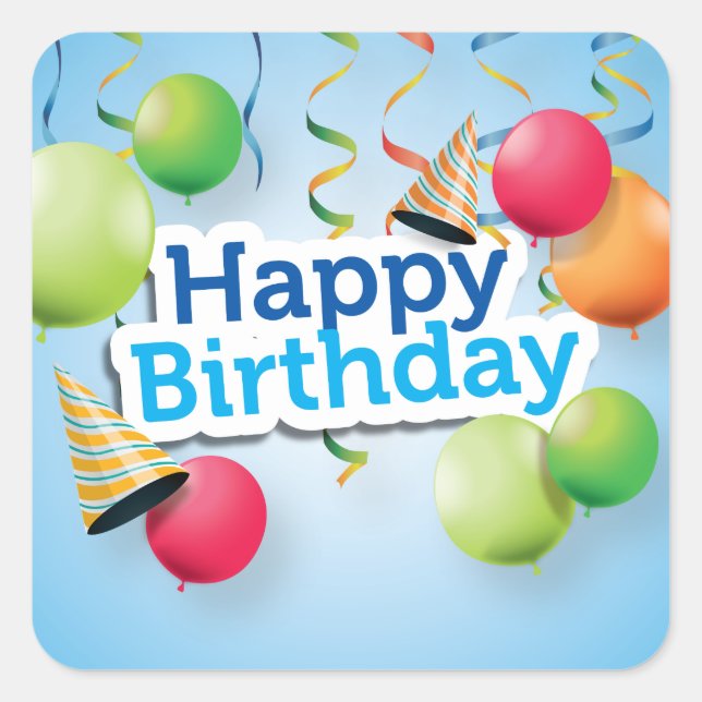 Happy Birthday Balloons and Hats Square Sticker (Front)
