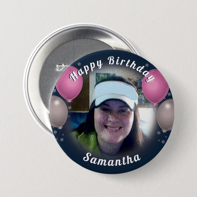 Happy Birthday Balloons and Photo Pink 7.5 Cm Round Badge (Front & Back)