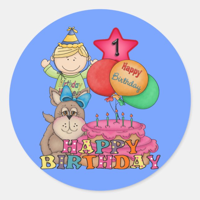 Happy Birthday Balloons Boy 1 Year Old Classic Round Sticker (Front)