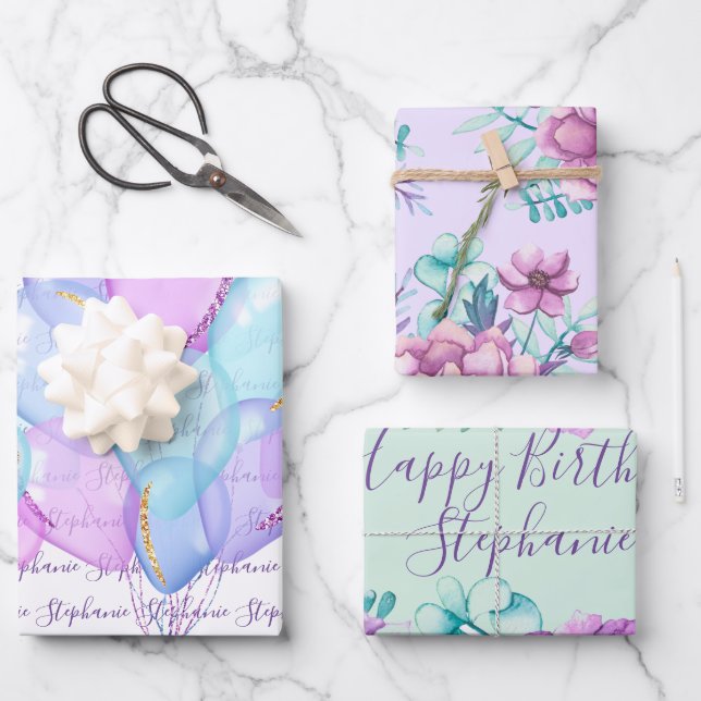 "Happy Birthday" Balloons Floral Purple Lavender Wrapping Paper Sheet (Front)