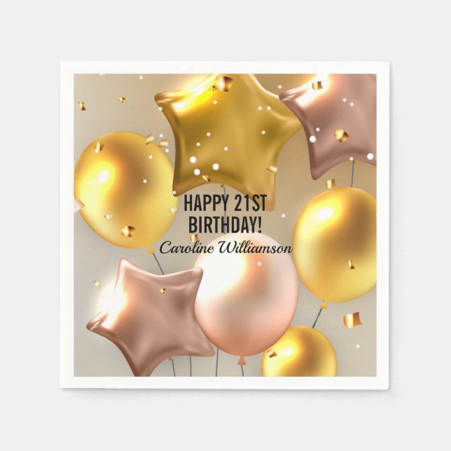 Happy Birthday Balloons Gold Glitter Any Year Name Napkin (Front)