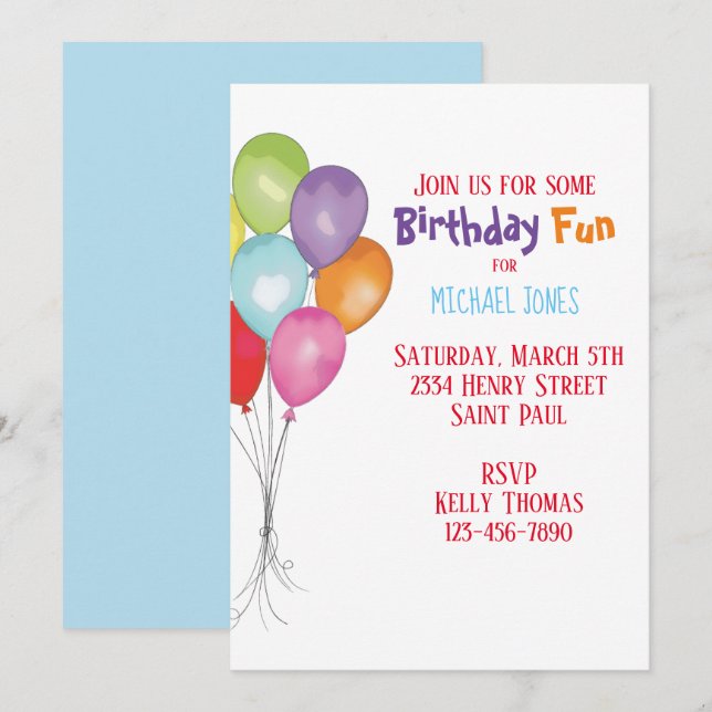 Happy Birthday Balloons Invitation (Front/Back)