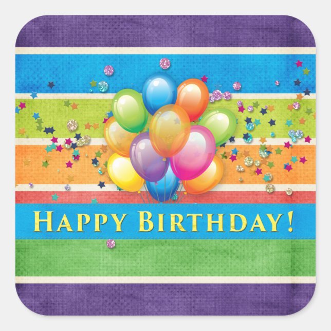 Happy Birthday Balloons Multi Colour Square Sticker (Front)