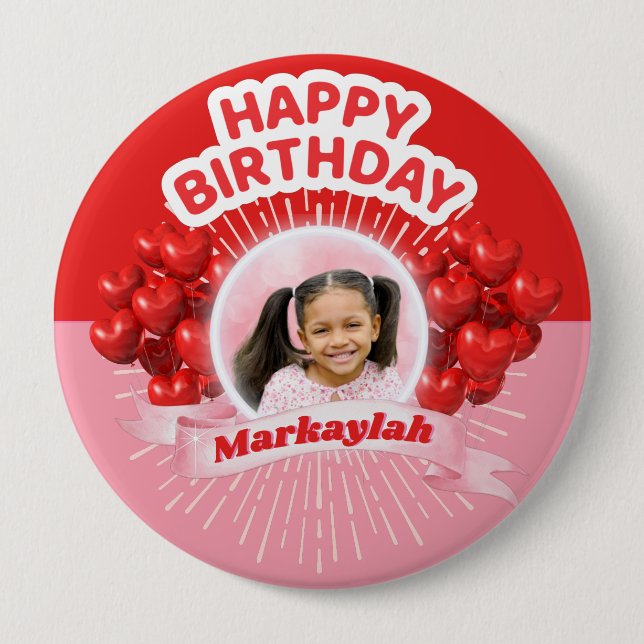 Happy Birthday Balloons Pink & Red Photo 10 Cm Round Badge (Front)
