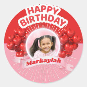 Happy Birthday Balloons Pink & Red Photo Classic Round Sticker