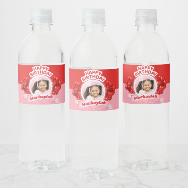 Happy Birthday Balloons Pink & Red Photo Water Bottle Label (Bottles)