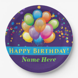 Happy Birthday Balloons - Purple Customise Paper Plate