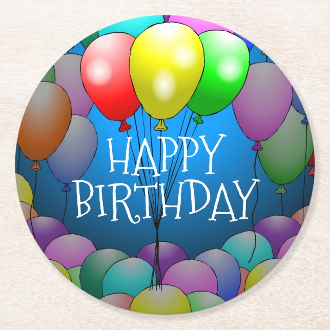 Happy Birthday Balloons Round Paper Coaster (Front)
