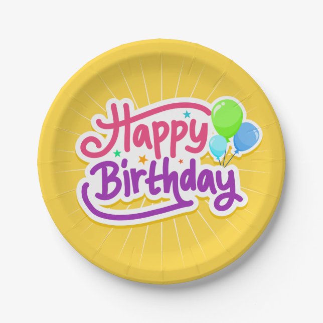 Happy Birthday Balloons Yellow Party Paper Plate (Front)