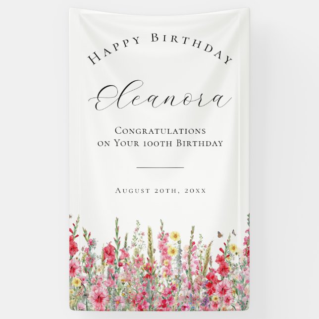 Happy Birthday Banner 100th August Birth Flower (Vertical)
