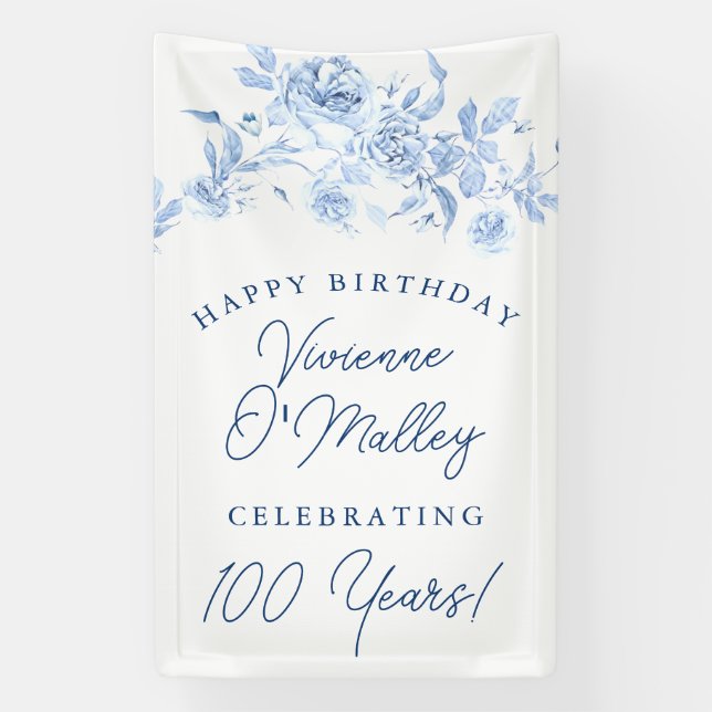 Happy Birthday Banner 100th Blue Floral Template (Vertical)