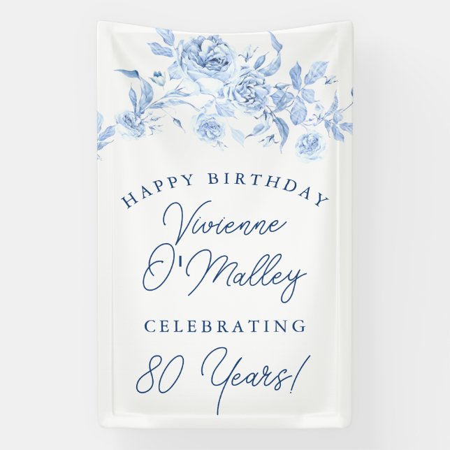 Happy Birthday Banner 80th Blue Floral Template (Vertical)