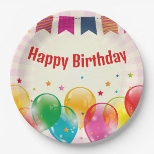 Happy Birthday Banner Balloons Paper Plate