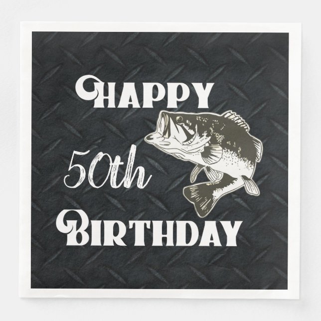 Happy Birthday Bass Fishing Age 50th Diamond Plate Napkin (Front)