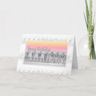 Happy Birthday beach hut at sunset card
