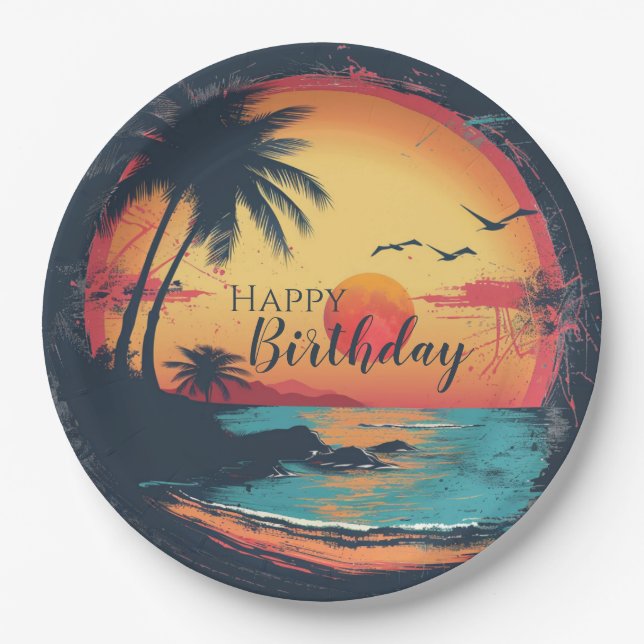 Happy Birthday Beach Retro Themed Paper Plate (Front)