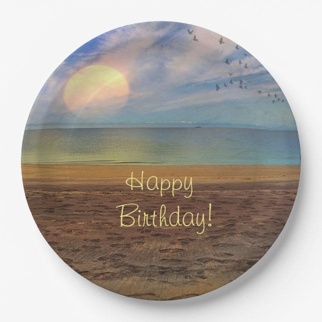 Happy Birthday Beach Sunset Paper Plate (Front)