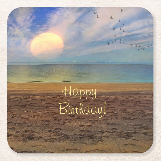 Happy Birthday Beach Sunset  Square Paper Coaster (Front)