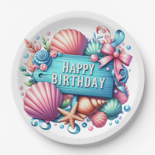 Happy Birthday Beach Tropical Theme Paper Plate (Front)