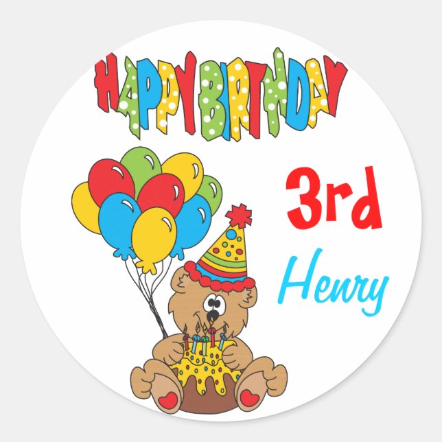 Happy Birthday Bear Classic Round Sticker (Front)