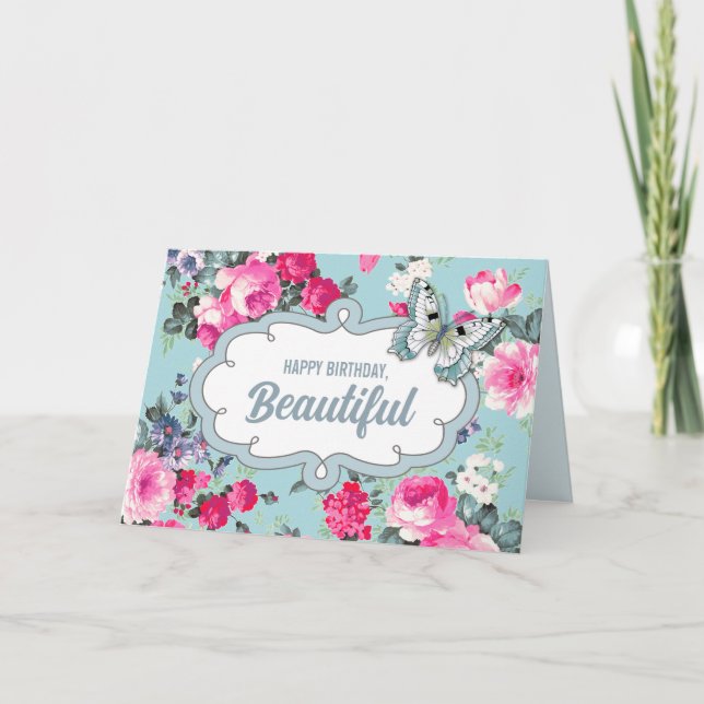Happy Birthday Beautiful. Flowers & Butterfly Card (Front)