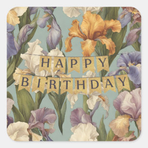 Happy Birthday Beautiful Iris Flower Blooms  Square Sticker