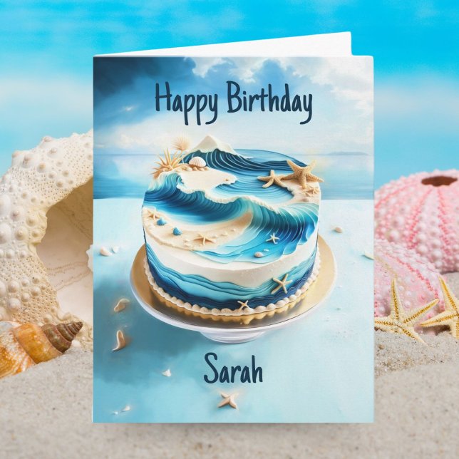 Happy Birthday Beautiful Ocean Beach Birthday Cake Card (Ocean Bliss: Celebrate with Stunning Beach-Themed Birthday Cake Card.)
