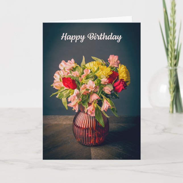 Happy Birthday Beautiful Vase of Flowers Photo Holiday Card (Front)