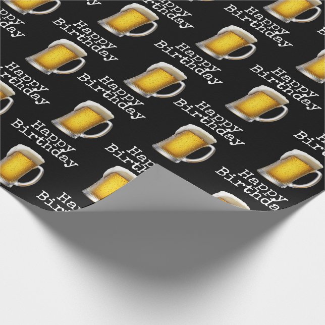Happy Birthday Beer Mug On Black Wrapping Paper (Corner)