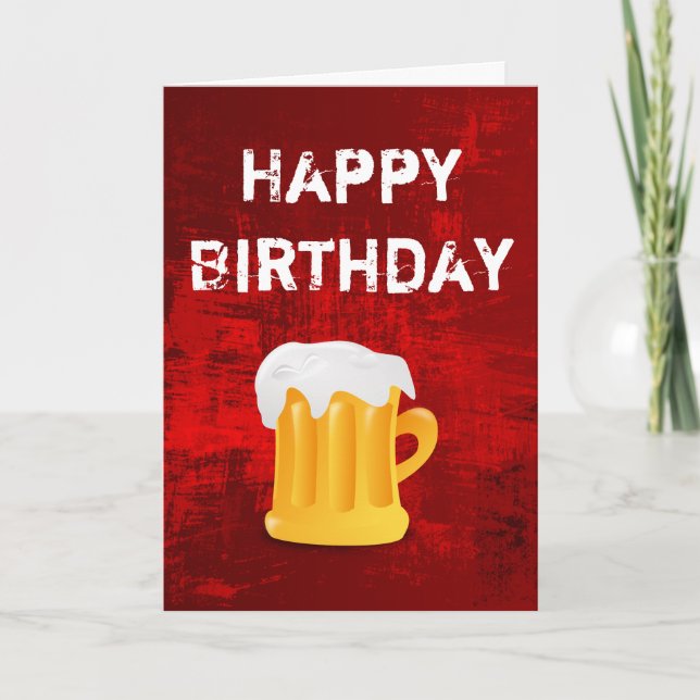 Happy Birthday Beer Mug on Grunge Red Abstract Card (Front)