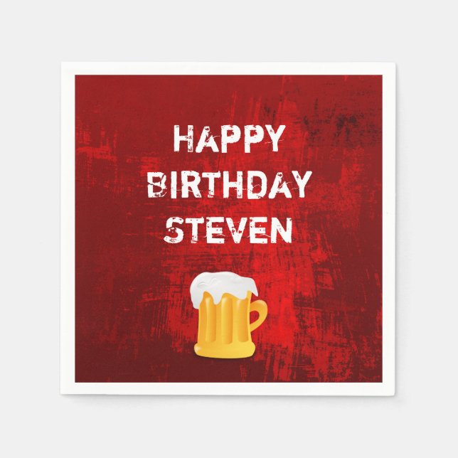 Happy Birthday Beer Mug on Grunge Red Abstract Napkin (Front)