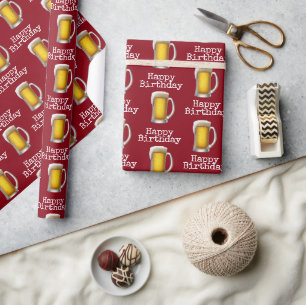 Happy Birthday Beer Mug On Red Wrapping Paper