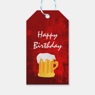 Happy Birthday Beer Mug on Rustic Red Abstract Gift Tags