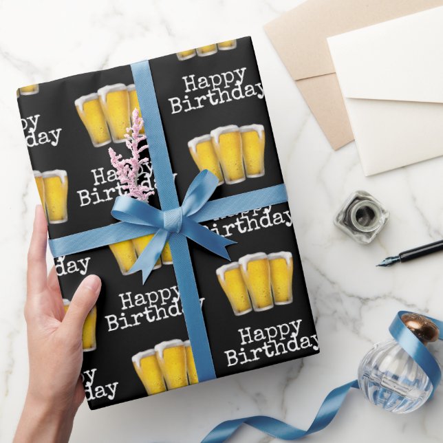 Happy Birthday Beers On Black Wrapping Paper (Gifting)