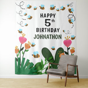 Happy Birthday Bees Flowers Garden Backdrop Tapestry